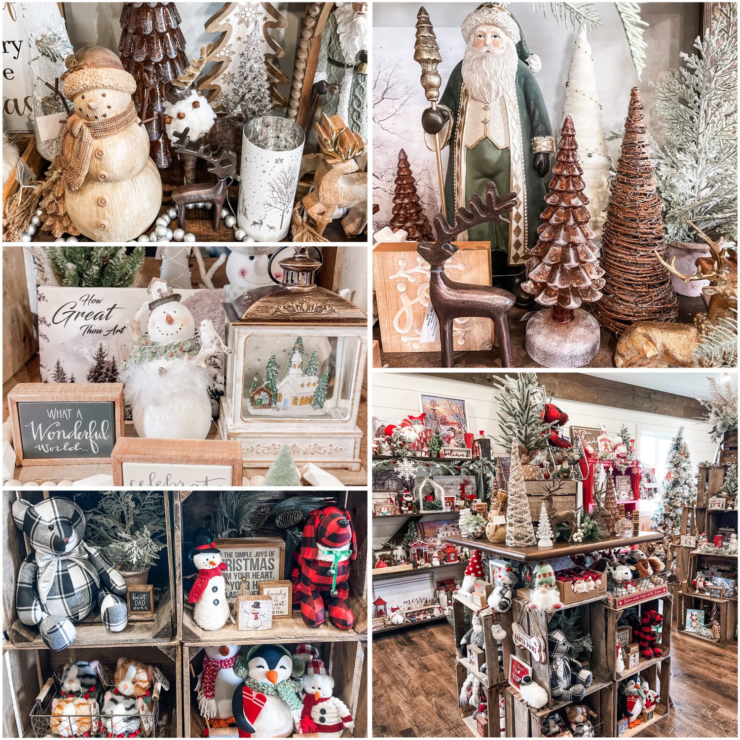 Gift shop display of snowmen, Santa figures and small decorative trees
