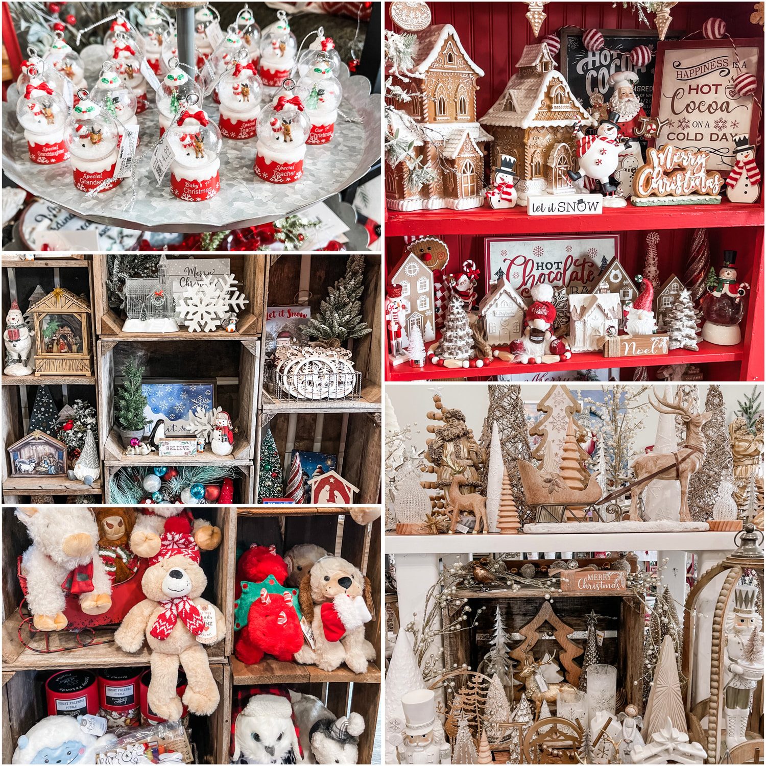 Shelves of ornaments, gnomes and gingerbread-style houses