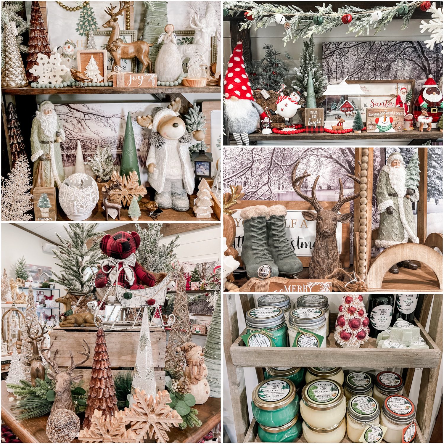 Gift shop shelves with candles, figurines and painted signs