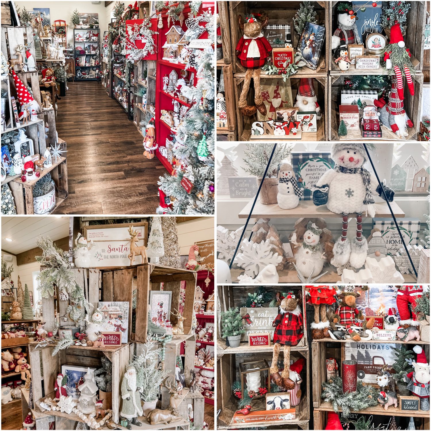 Collage of gift shop aisles with ornaments, snowmen and plush figures